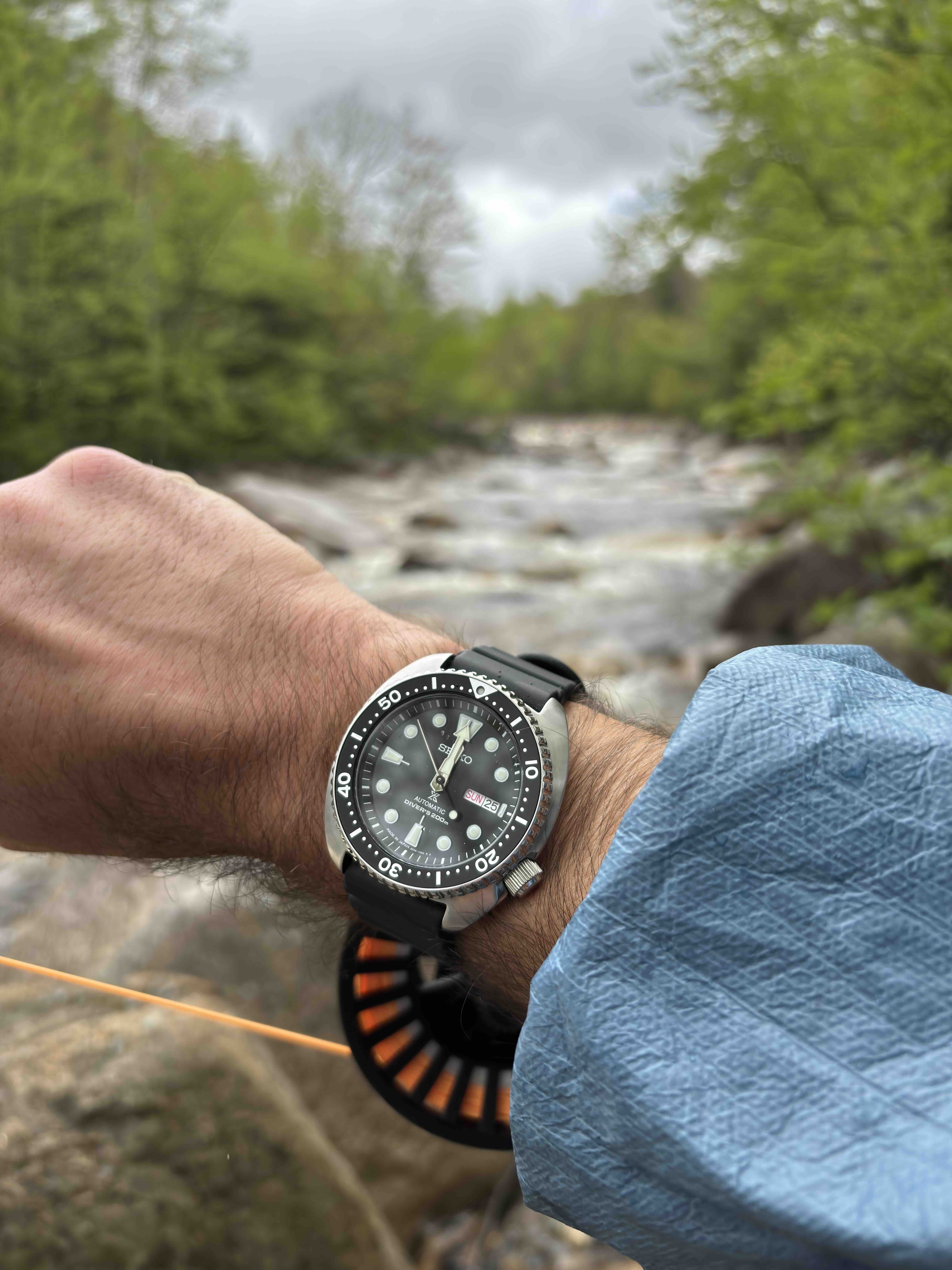 Seiko SRPE93 (modern Turtle) on a fishing trip in the White Mountains.