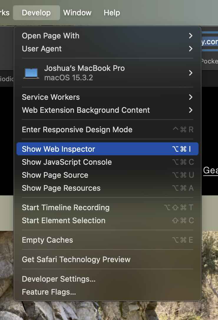 Menu for opening the Web Inspector.