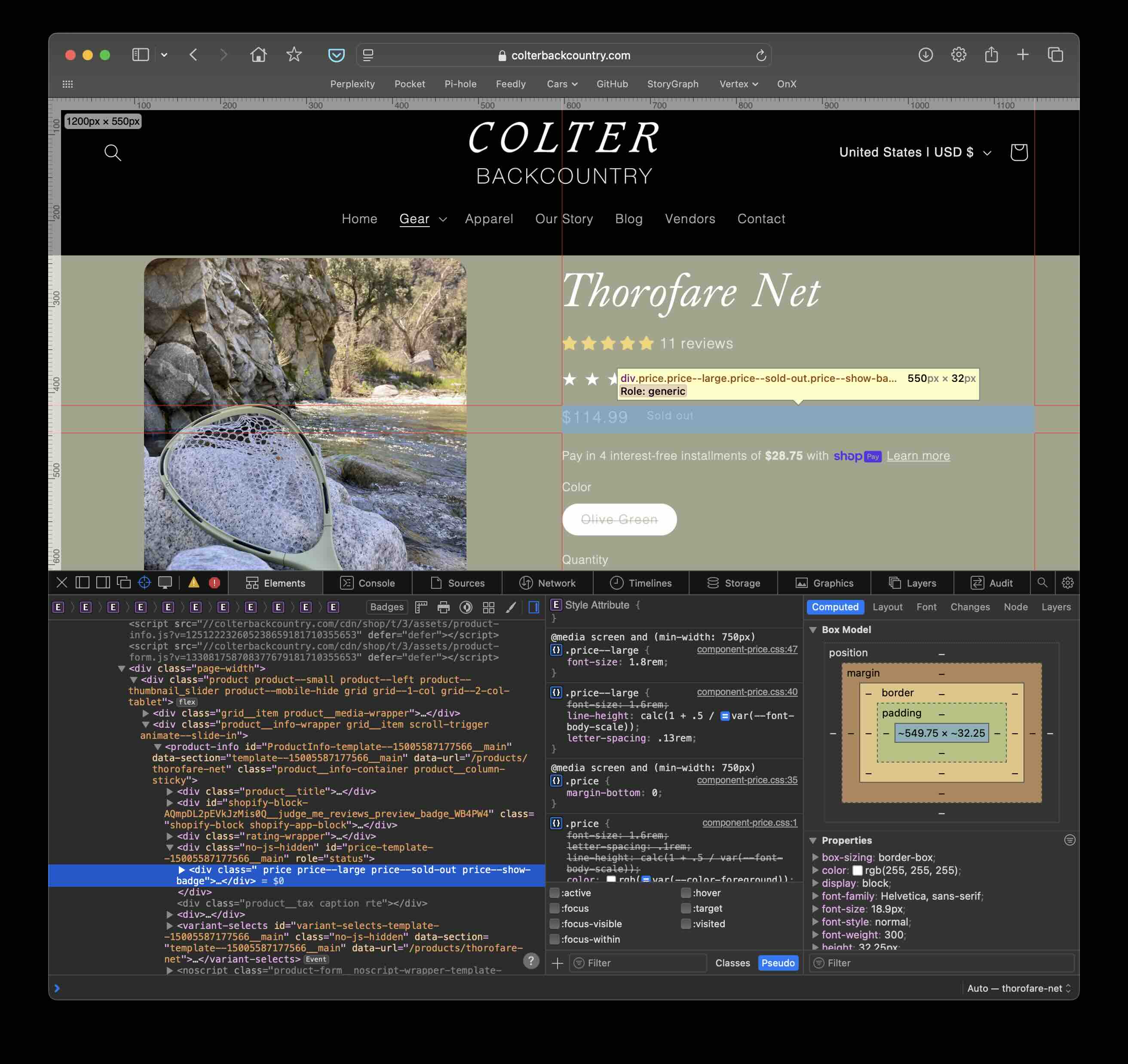 Web Inspector panel on the Thorofare webpage.